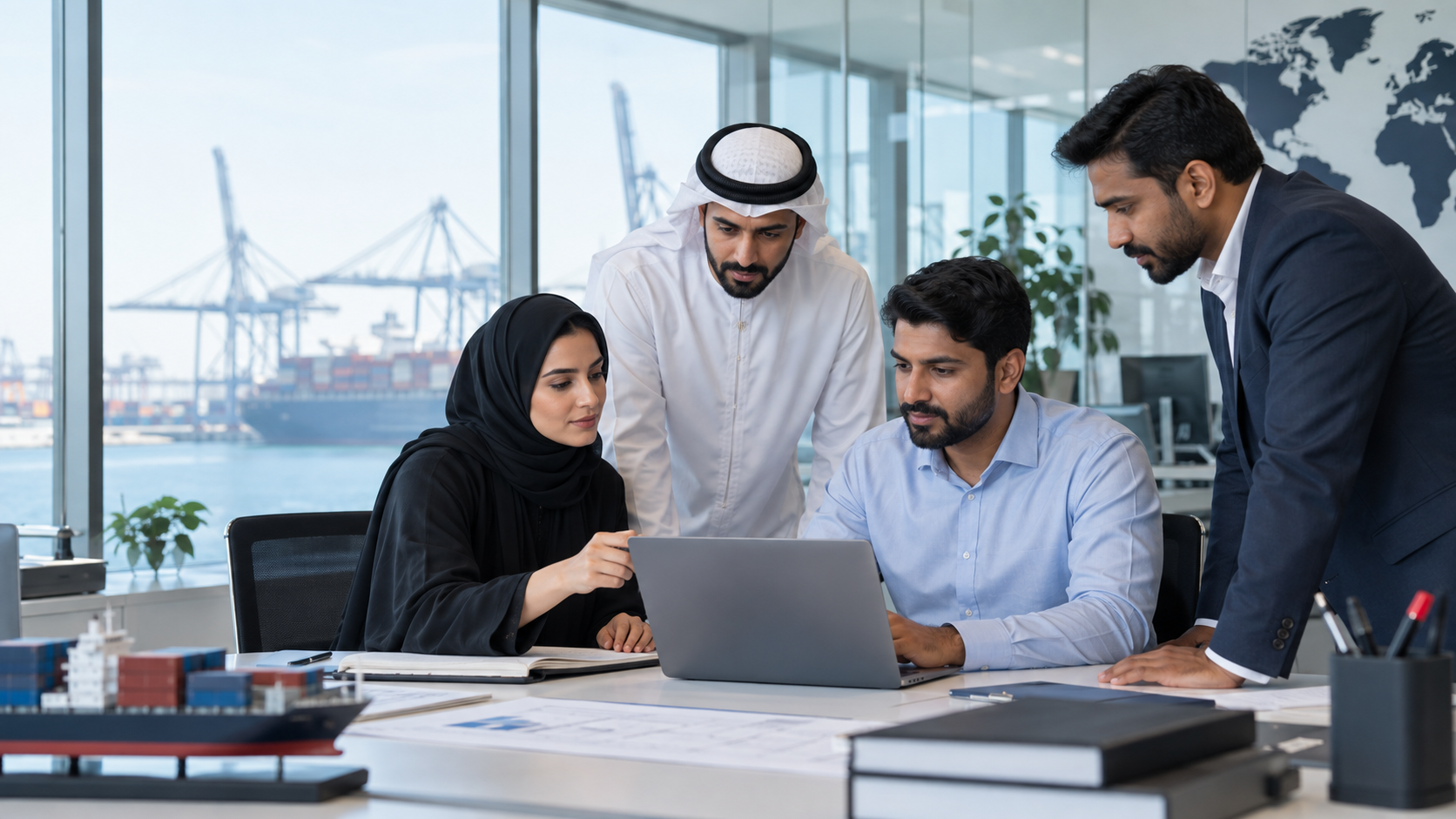 Logistics team reviewing shipment details in a modern office