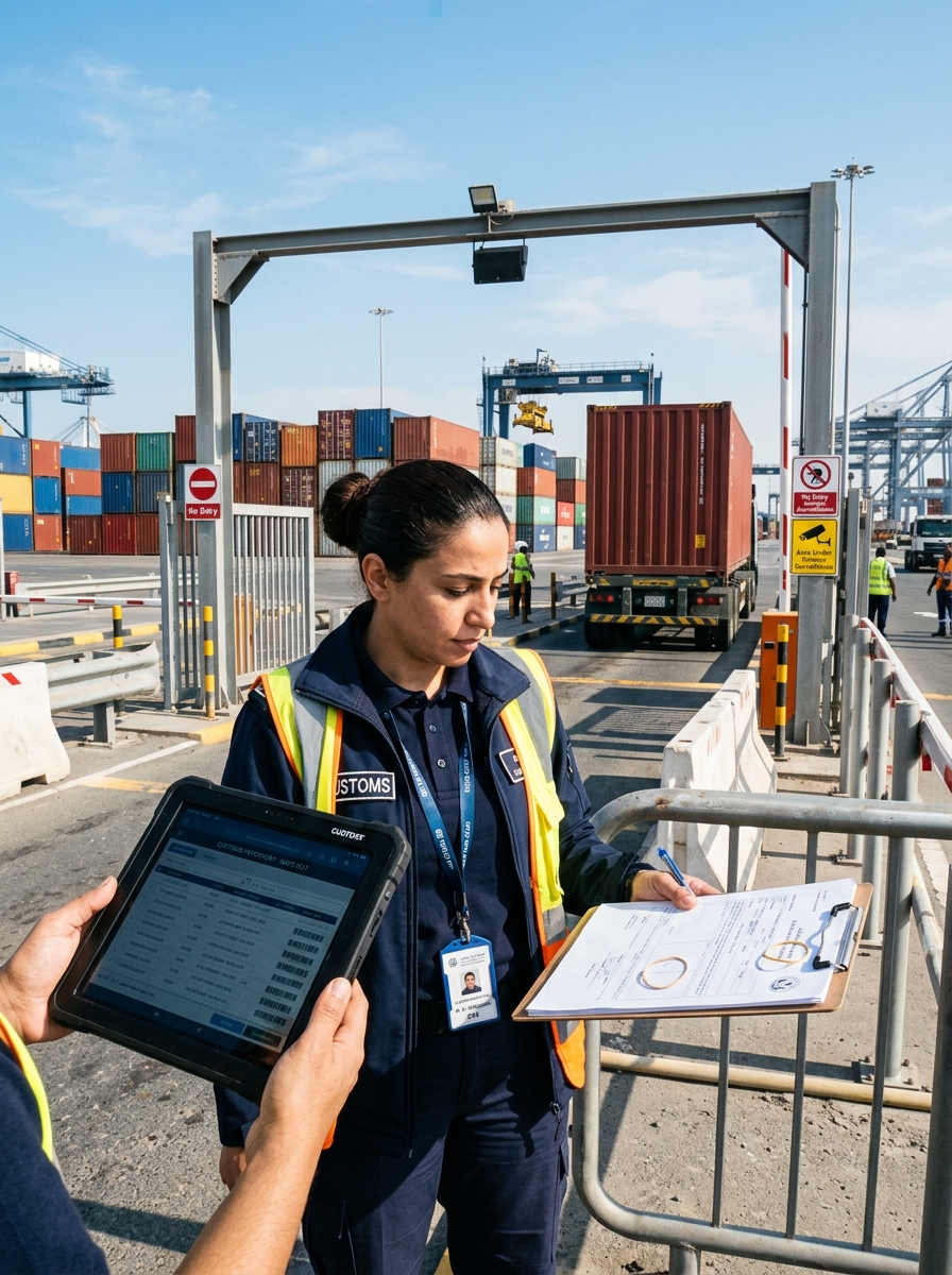 Customs operations officer conducting document control at Dubai port gate