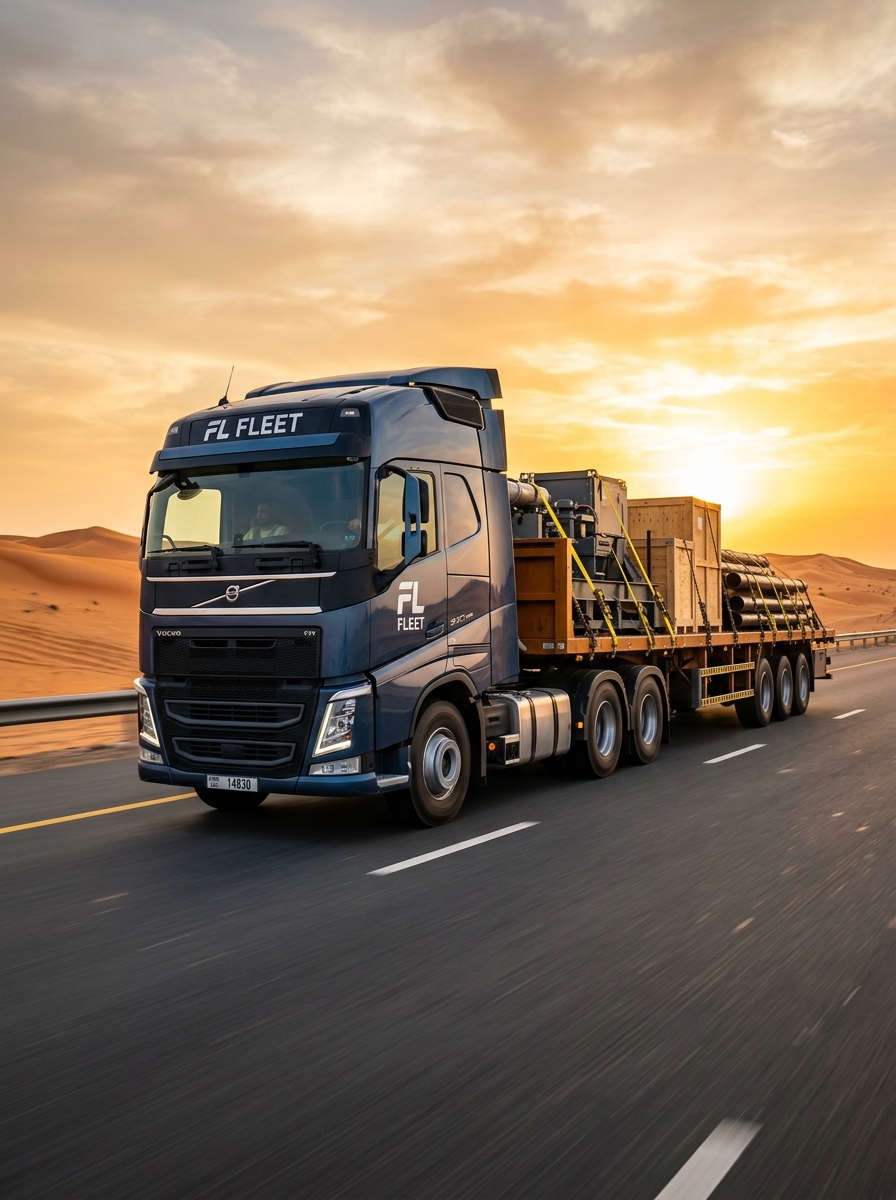 Heavy commercial freight truck on UAE highway at sunset
