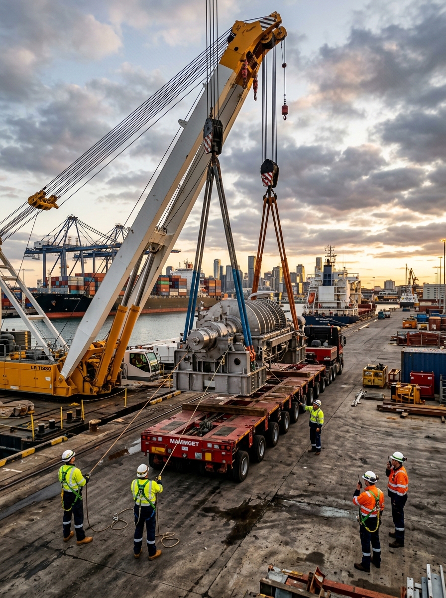 Heavy lift crane rigging oversized industrial project machinery at port