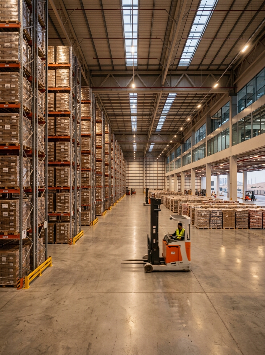 Modern high-bay logistics distribution center warehouse